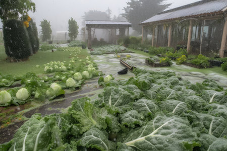 hailstorm decimates vegetable garden, leaving plants and soil in ruins, created with generative aiの素材