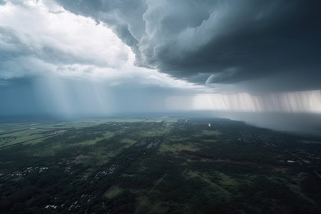 aerial view of hailstorm with massive storm clouds and lightning bolts, created with generative aiの素材