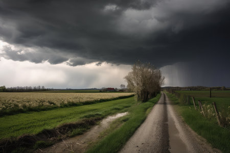 hailstorm, with view of farm fields and storm clouds in the background, created with generative aiの素材