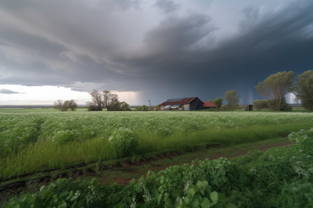 hailstorm, with view of farm fields and storm clouds in the background, created with generative aiの素材