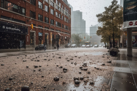 windstorm gusts and hailstones pounding down on city streets, created with generative aiの素材