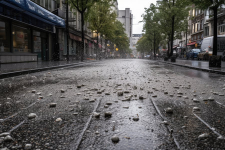 windstorm gusts and hailstones pounding down on city streets, created with generative aiの素材
