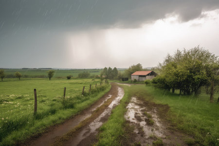 hailstorm in the countryside, with wind and rain whipping through fields, created with generative aiの素材