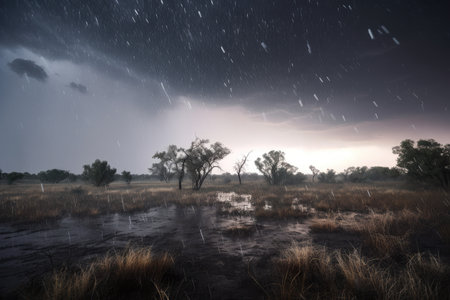 hailstorm with lightning strikes and raindrops in the background, created with generative aiの素材