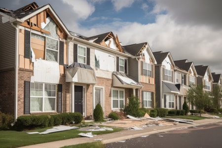 suburban neighborhood, with broken windows and siding ripped off of homes after hailstorm, created with generative aiの素材