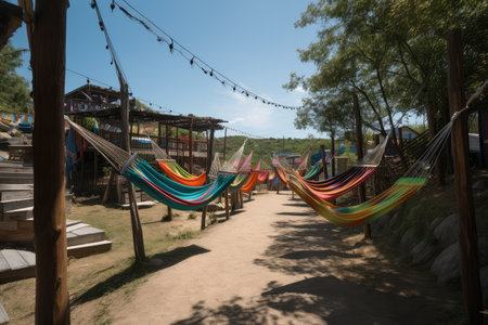 a row of hammocks and swings, each with its own unique view, created with generative aiの素材