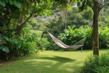 outdoor hammock and swing, surrounded by lush greenery, created with generative aiの素材