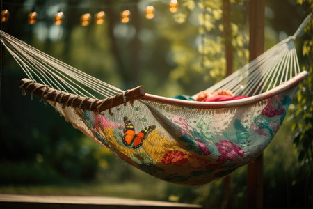 a hanging garden hammock, with birds and butterflies in the background, created with generative aiの素材