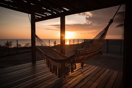 a hammock with a view of the sunset and a swing nearby, created with generative aiの素材