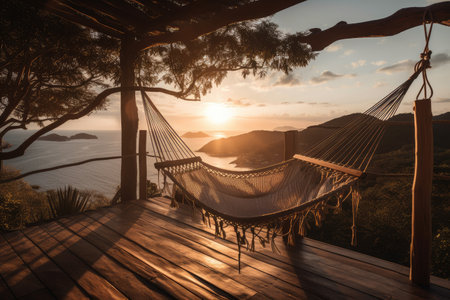 a hammock with a view of the sunset and a swing nearby, created with generative aiの素材