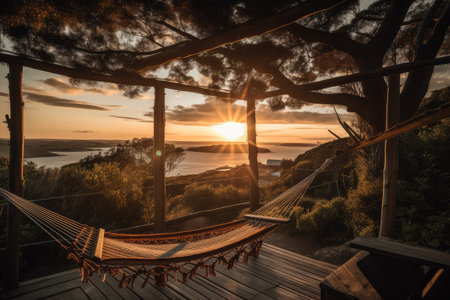 a hammock with a view of the sunset and a swing nearby, created with generative aiの素材