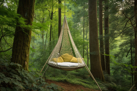 a whimsical hammock swing, suspended among towering trees, created with generative aiの素材