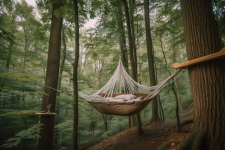a whimsical hammock swing, suspended among towering trees, created with generative aiの素材