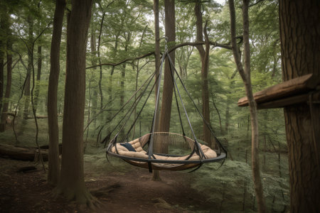 a whimsical hammock swing, suspended among towering trees, created with generative aiの素材