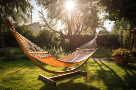 relaxing hammock swing in the sun with view of tranquil garden, created with generative aiの素材