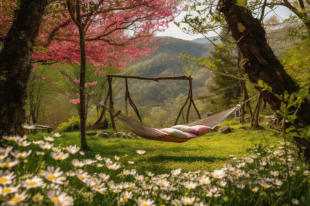 a hammock and swing surrounded by blooming flowers in the spring, created with generative aiの素材