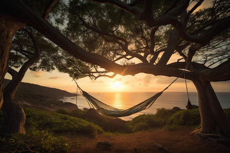 hammock swing hanging from tree branch, with a view of the sunset, created with generative aiの素材