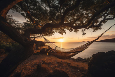 hammock swing hanging from tree branch, with a view of the sunset, created with generative aiの素材