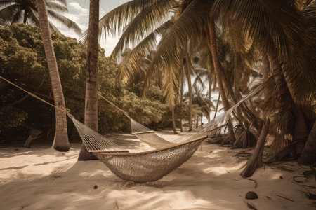 a hammock on a sandy beach, surrounded by palm trees, created with generative aiの素材