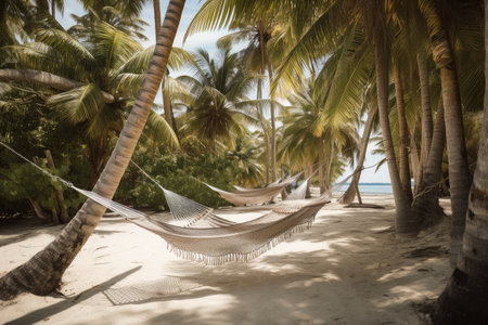 a hammock on a sandy beach, surrounded by palm trees, created with generative aiの素材