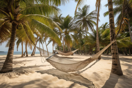 a hammock on a sandy beach, surrounded by palm trees, created with generative aiの素材