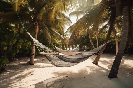 a hammock on a sandy beach, surrounded by palm trees, created with generative aiの素材