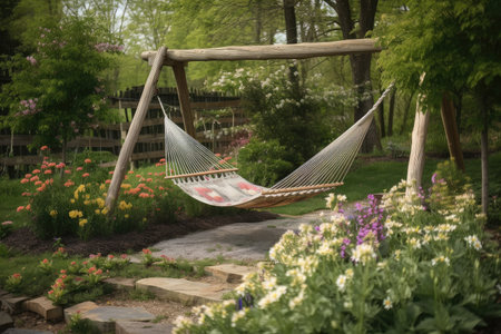 hammock and swing set, surrounded by blooming flowers, created with generative aiの素材