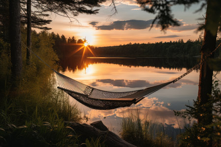 a hammock with a view of the sunset on a serene lake, created with generative aiの素材