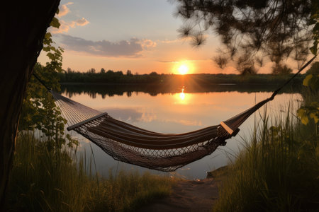 a hammock with a view of the sunset on a serene lake, created with generative aiの素材