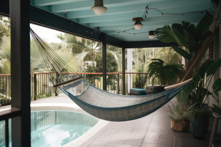 view of hammock swing hanging from metal frame on a verandah, with view of the swimming pool, created with generative aiの素材