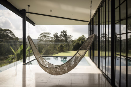 view of hammock swing hanging from metal frame on a verandah, with view of the swimming pool, created with generative aiの素材