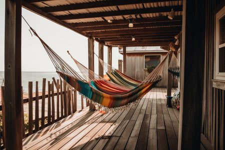 a row of hammocks and swings hanging from a wooden deck, created with generative aiの素材