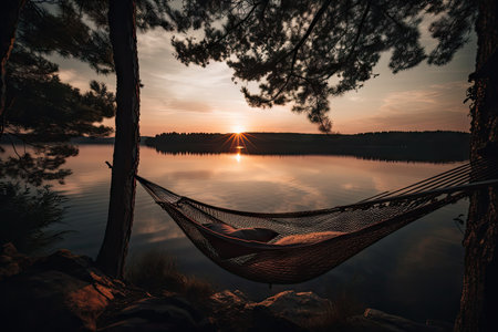 hammock with view of the sunset over a calm lake, created with generative aiの素材