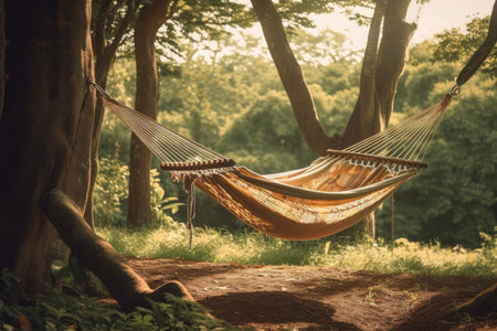 hammock swing hanging from a tree in the forest, surrounded by nature, created with generative aiの素材
