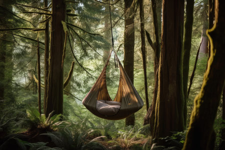 hammock swing hanging from a tree in the forest, surrounded by nature, created with generative aiの素材