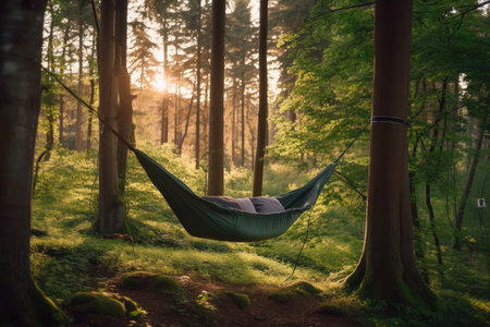 hammock swing hanging from a tree in the forest, surrounded by nature, created with generative aiの素材