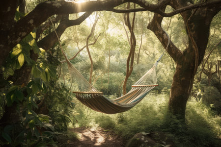 a hammock swing hanging from a tree branch, surrounded by lush greenery, created with generative aiの素材