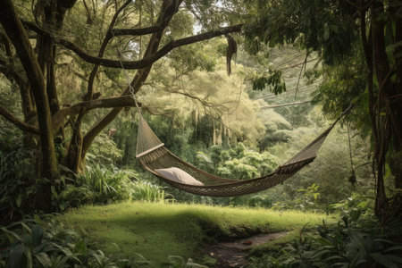 a hammock swing hanging from a tree branch, surrounded by lush greenery, created with generative aiの素材
