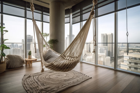 hammock swing suspended from the ceiling of modern apartment, with view of city and skyscrapers in the background, created with generative aiの素材