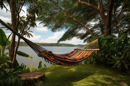 relaxing hammock, with view of the tranquil lake, and gentle breeze, created with generative aiの素材