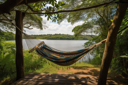 relaxing hammock, with view of the tranquil lake, and gentle breeze, created with generative aiの素材