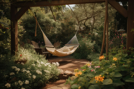 peaceful hammock swing surrounded by flowering plants and trees, created with generative aiの素材