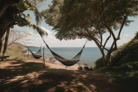 pair of hammocks and swings, with view of the ocean, on a hot summer day, created with generative aiの素材