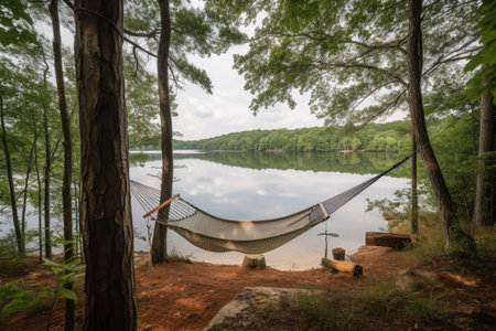 view of lake, surrounded by hammocks and swings, created with generative aiの素材