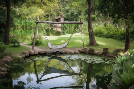 a hammock swing in a serene garden, with birds chirping and water flowing, created with generative aiの素材