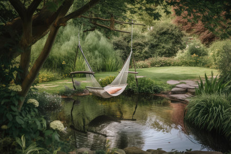 a hammock swing in a serene garden, with birds chirping and water flowing, created with generative aiの素材
