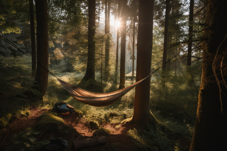 hammock swing hanging from a tree in the middle of a forest, created with generative aiの素材