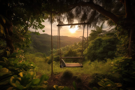 relaxing swing with view of the sunset, surrounded by lush greenery, created with generative aiの素材