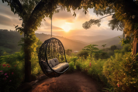 relaxing swing with view of the sunset, surrounded by lush greenery, created with generative aiの素材
