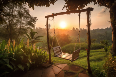 relaxing swing with view of the sunset, surrounded by lush greenery, created with generative aiの素材